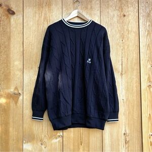 Vintage Pringle of Scotland Navy Blue Lined Cable Knit Sweater Sz Large